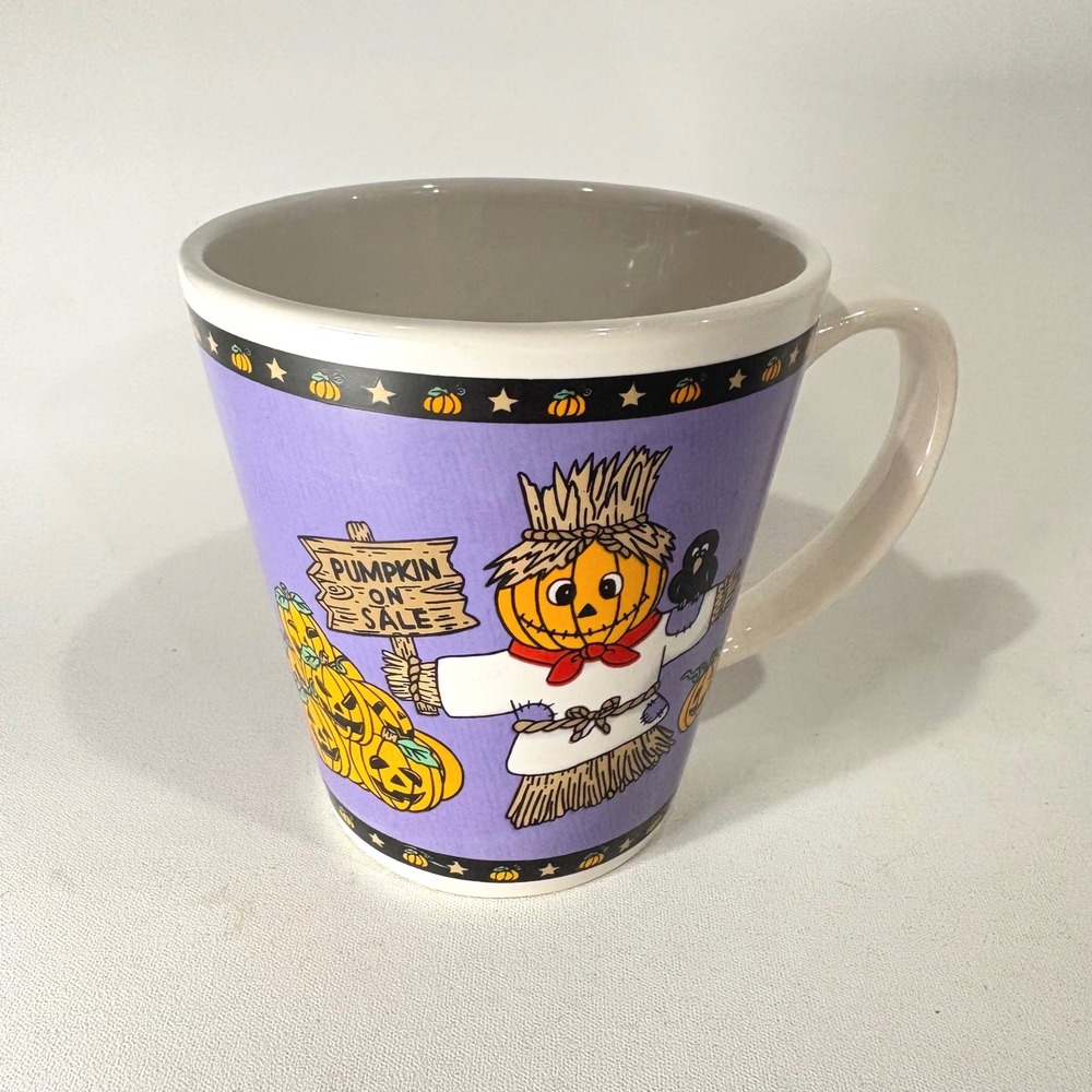 Vintage Halloween Scarecrow Pumpkin Coffee Mug Purple Fall Harvest Ceramic